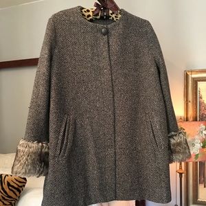Anthropologie Tweed Coat Jacket w/ Fur Cuffs
